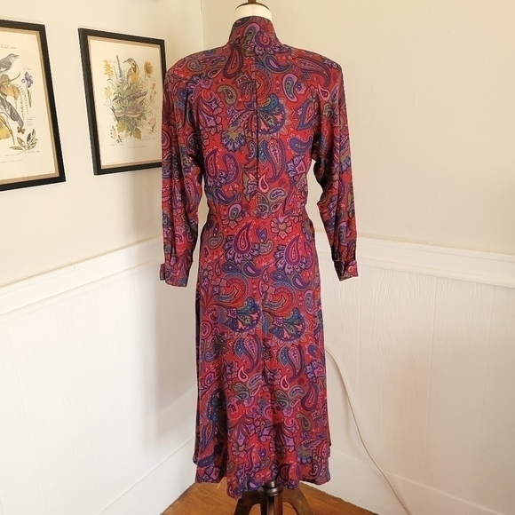 Vintage 70s Burgundy Paisley Button Front Long Sleeve Pleated Shirt Dress Size 4 - Picture 11 of 16